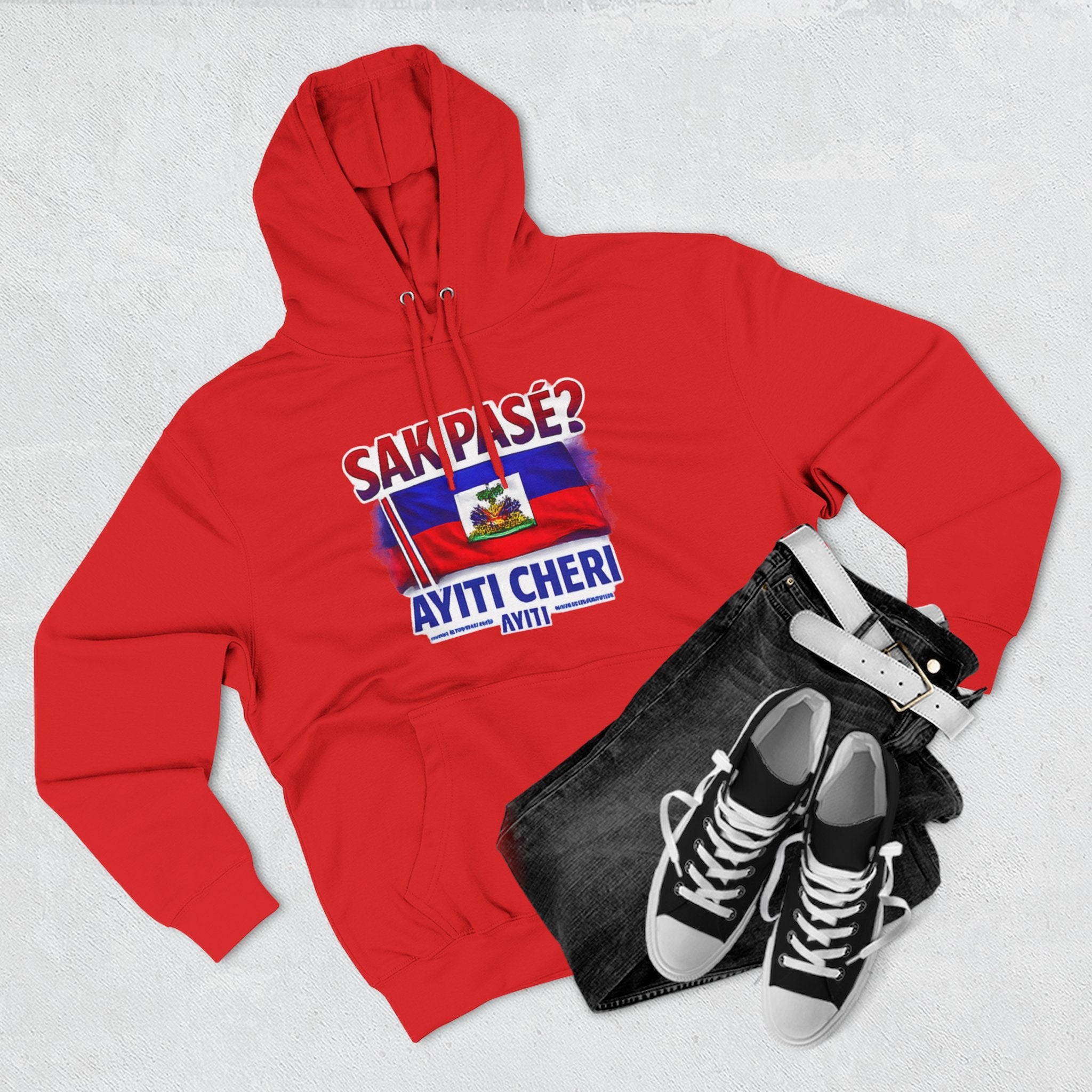 Hoodie — "Sak Pase? Ayiti Cheri" Haitian Flag Fleece Hoodie
